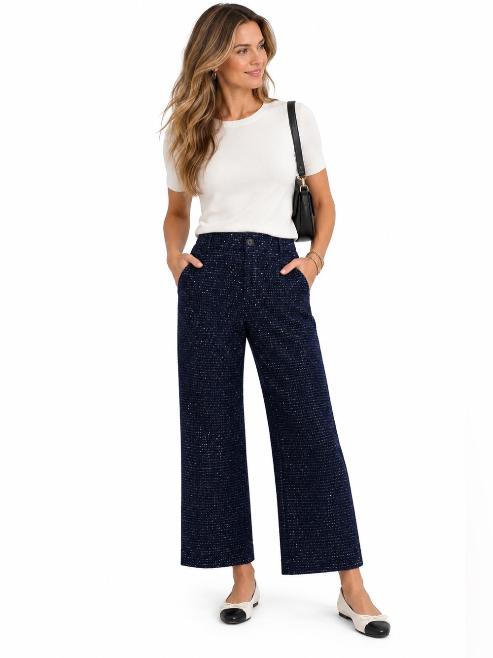 ANTHROPOLOGIE MAEVE The Colette High Rise Wide Leg Cropped Tweed Pants Navy NEW